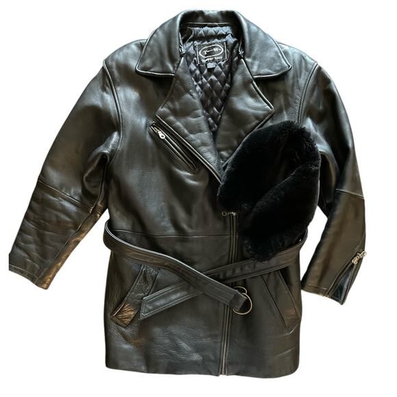 Tannery West 90s Black Leather Faux Fur Trim Coat size Small - Picture 4 of 15